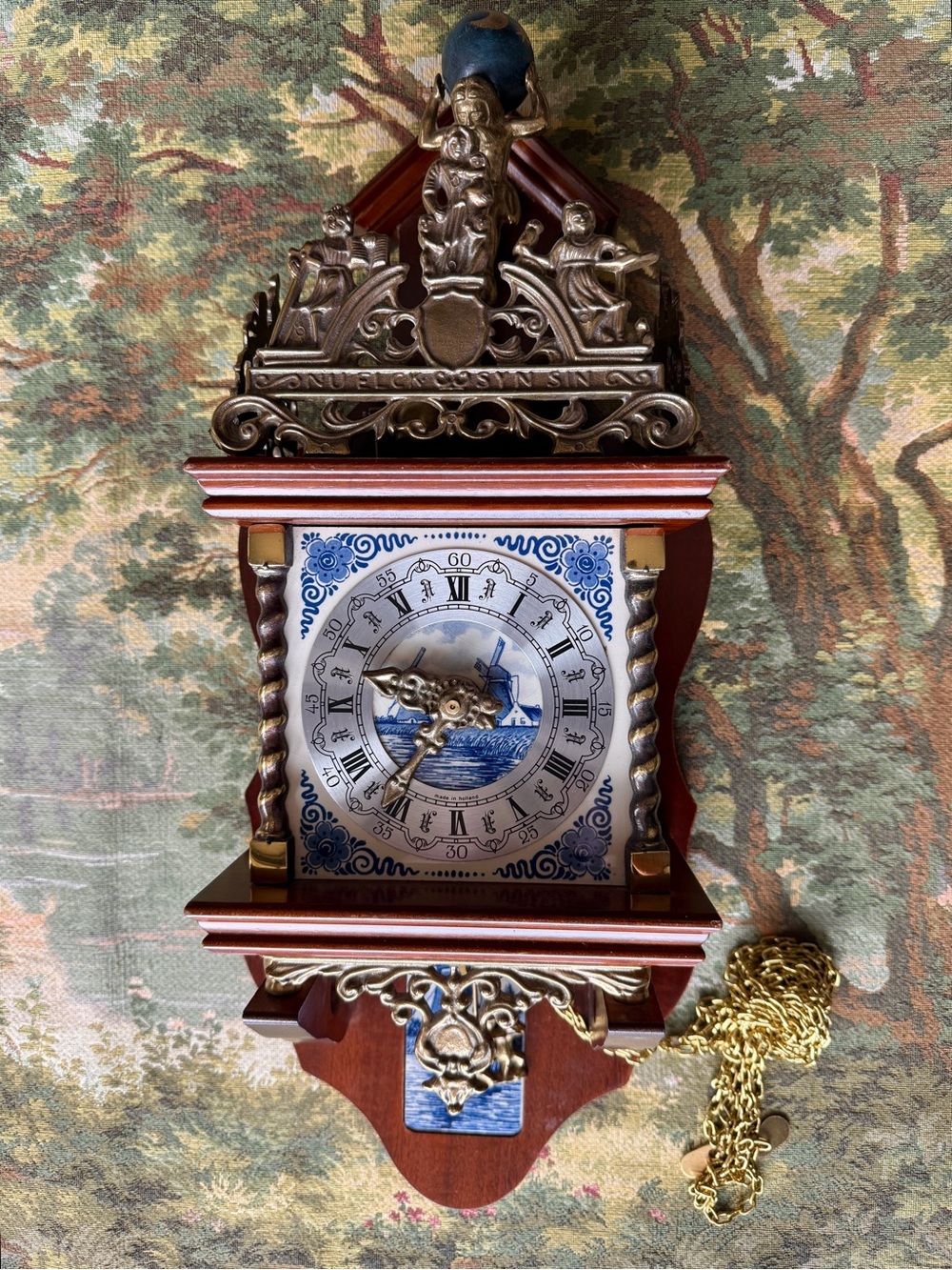 Vintage Dutch Delft Blue Tile Atlas Bell Wall Clock w/ Brass Weights